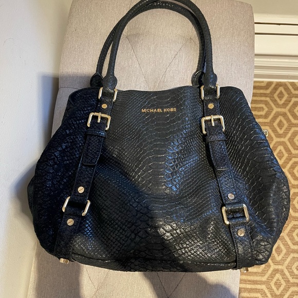 Michael Kors | Bags | Michael Kors Black Snake Skin Leather Tote Bag ...
